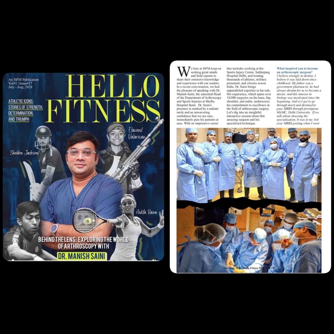 Hello Fitness magazine cover featuring Dr. Manish Saini for Behind The Lens arthroscopy story