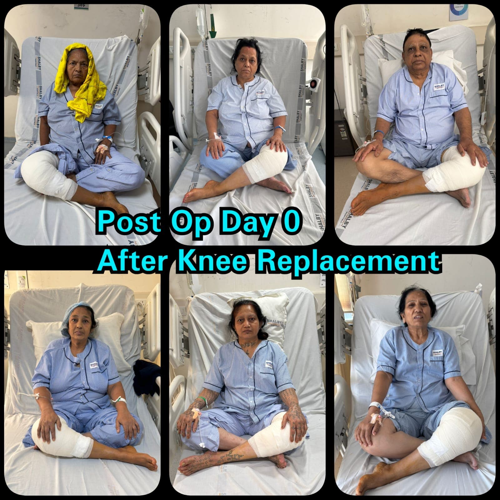 Day 0 knee replacement patients sitting cross-legged showing early recovery flexibility