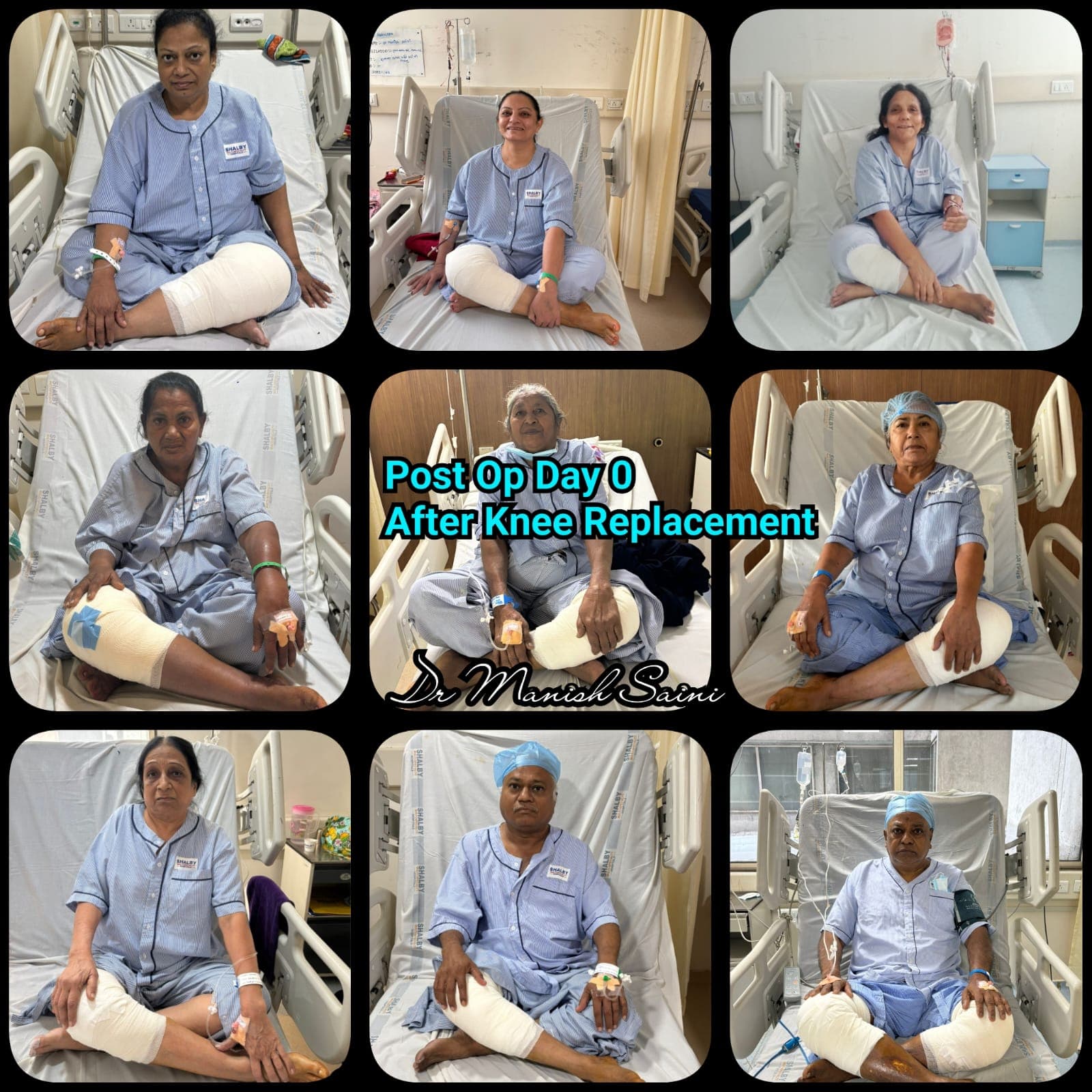 Collage of post-op Day 0 knee replacement patients recovering at Dr. Manish Saini clinic