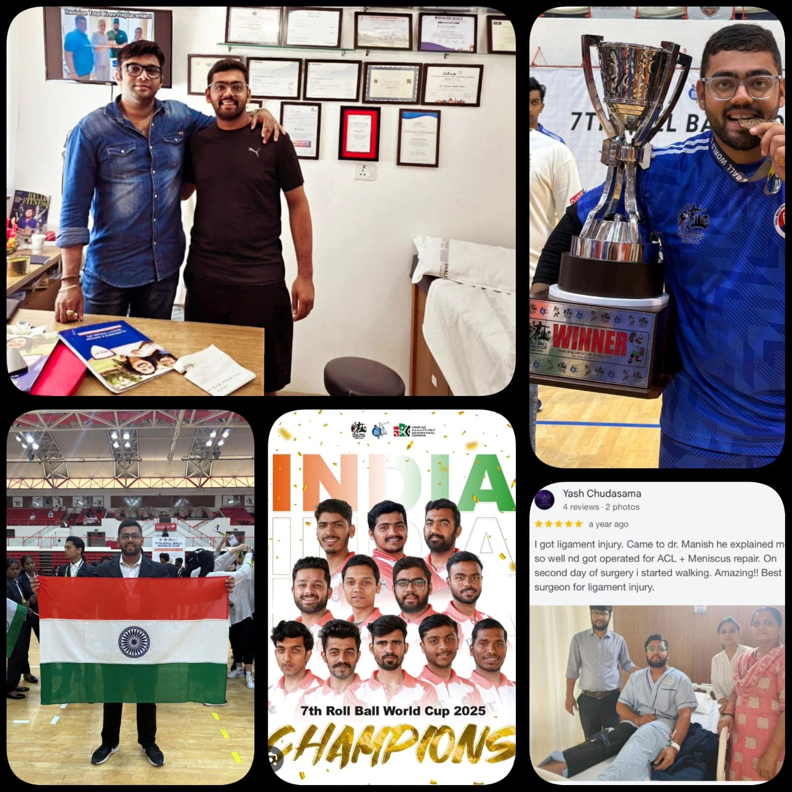 Roll Ball World Cup 2025 champion Yash Chudasama with Dr. Manish Saini at the clinic trophy presentation collage